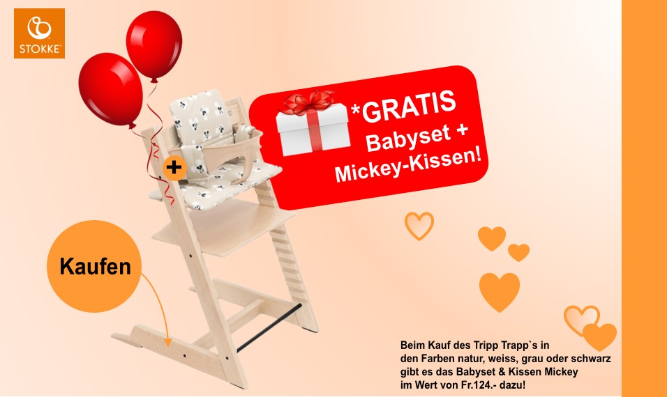 Stokke Tripp Trapp Birthday Bundle mit Baby Set und Kissen Mickey gratis dazu