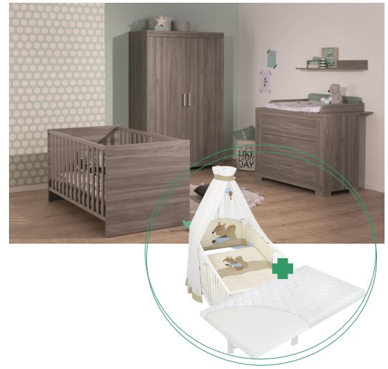 Kinderzimmer Heidy grey 5-teilig mit 4tlg. Bettset und Matratze