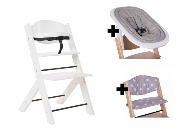 Treppy Hochstuhl Bundle mit Newborn Seaty und Kissen Weiss