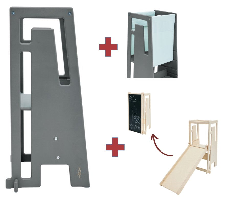 Tuki Lernturm greywash mit Entdeckertuch und Rutsche mit Maltafel *PROMO*