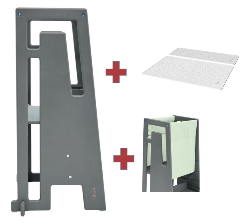 Tuki Lernturm greywash mit Entdeckertuch und Anti Rutschmatten Set *PROMO*