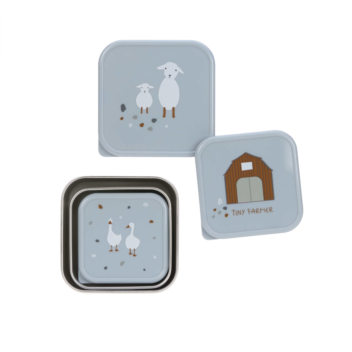 Lässig Snackbox Kinder 3er Set - Edelstahl Brotdose, Tiny Farmer Blau