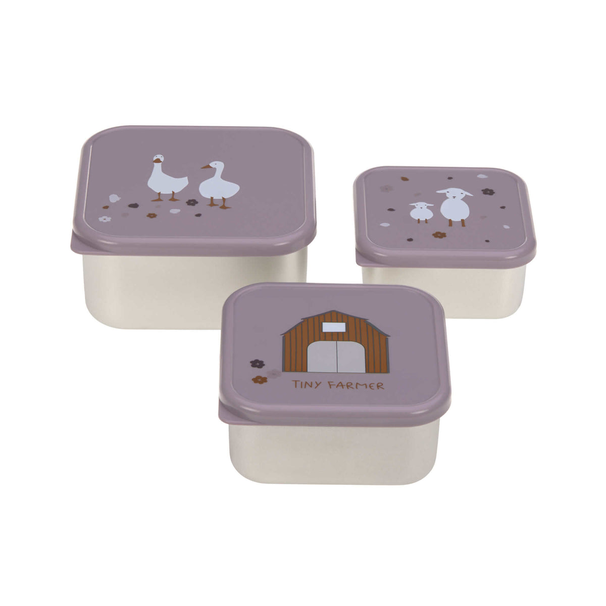 Lässig Snackbox Kinder 3er Set - Edelstahl Brotdose, Tiny Farmer Lila