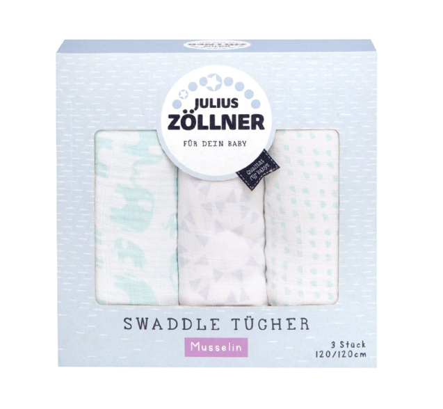 JULIUS ZÖLLNER Swaddle Tücher 3-er Pack 120x120cm - Elefant