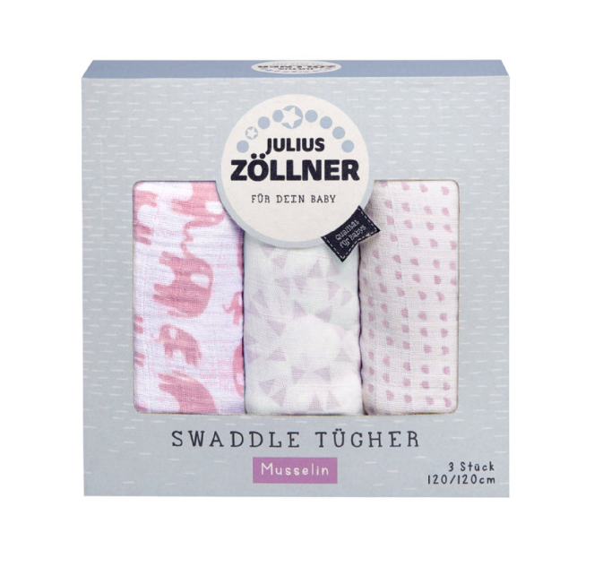 JULIUS ZÖLLNER Swaddle Tücher 3-er Pack 120x120cm - Elefant