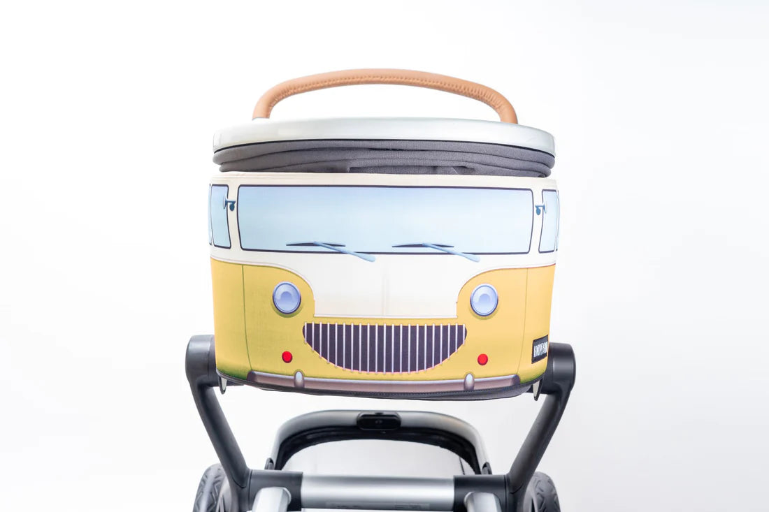 Knopfbande Kinderwagenhülle "Vintage Bus" gelb - Porto frei + Pyjama gratis dazu