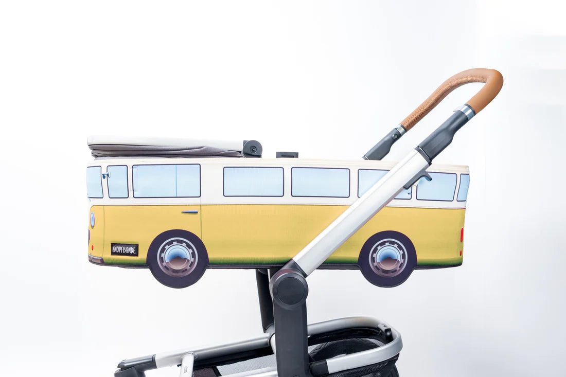 Knopfbande Kinderwagenhülle &quot;Vintage Bus&quot; gelb - Porto frei + Pyjama gratis dazu