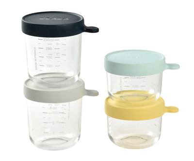 Beaba Kostgläschen aus Glas 4er-Set gelb/hellblau/dunkelblau/hellgrau
