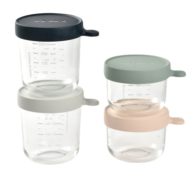 Beaba Kostgläschen aus Glas 4er-Set pink/eukalyptus/hellgrau/dunkelblau
