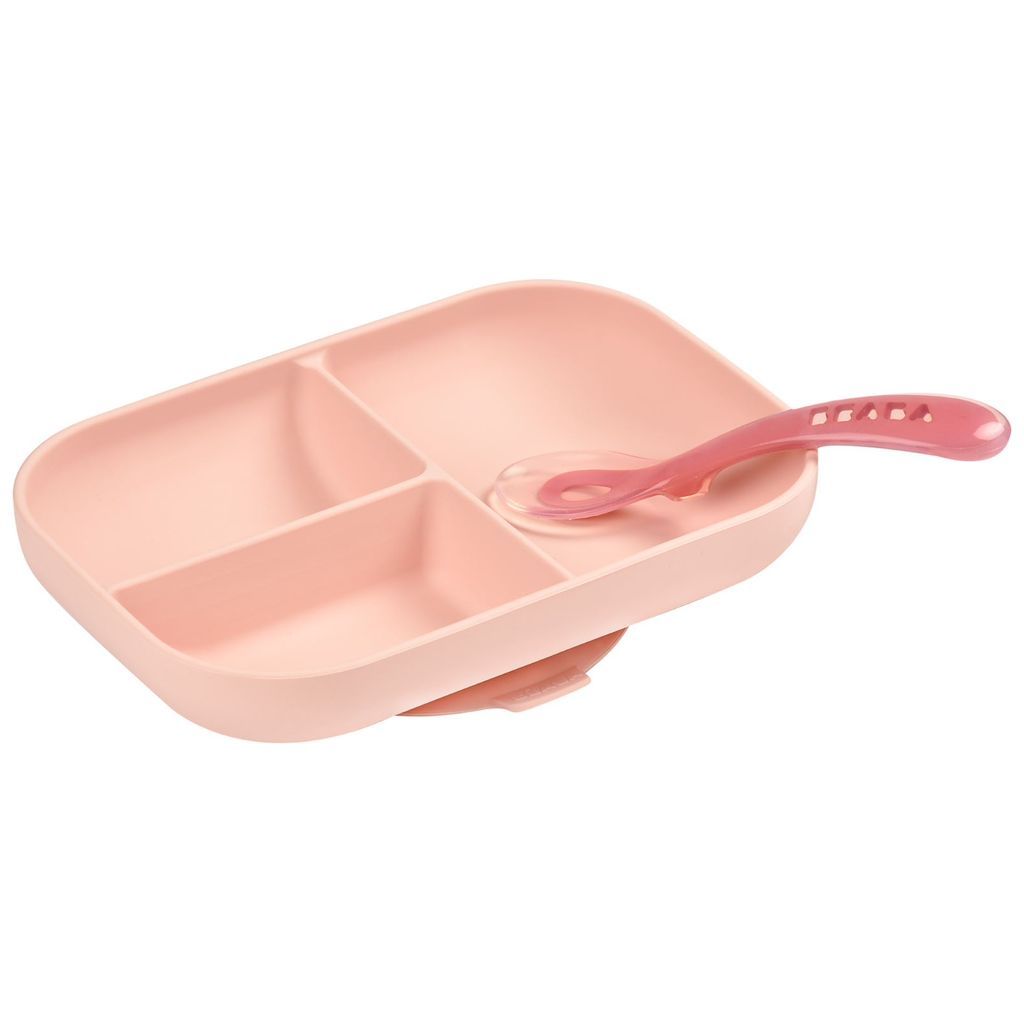 Beaba Silikon Teller mit Löffel Set pink