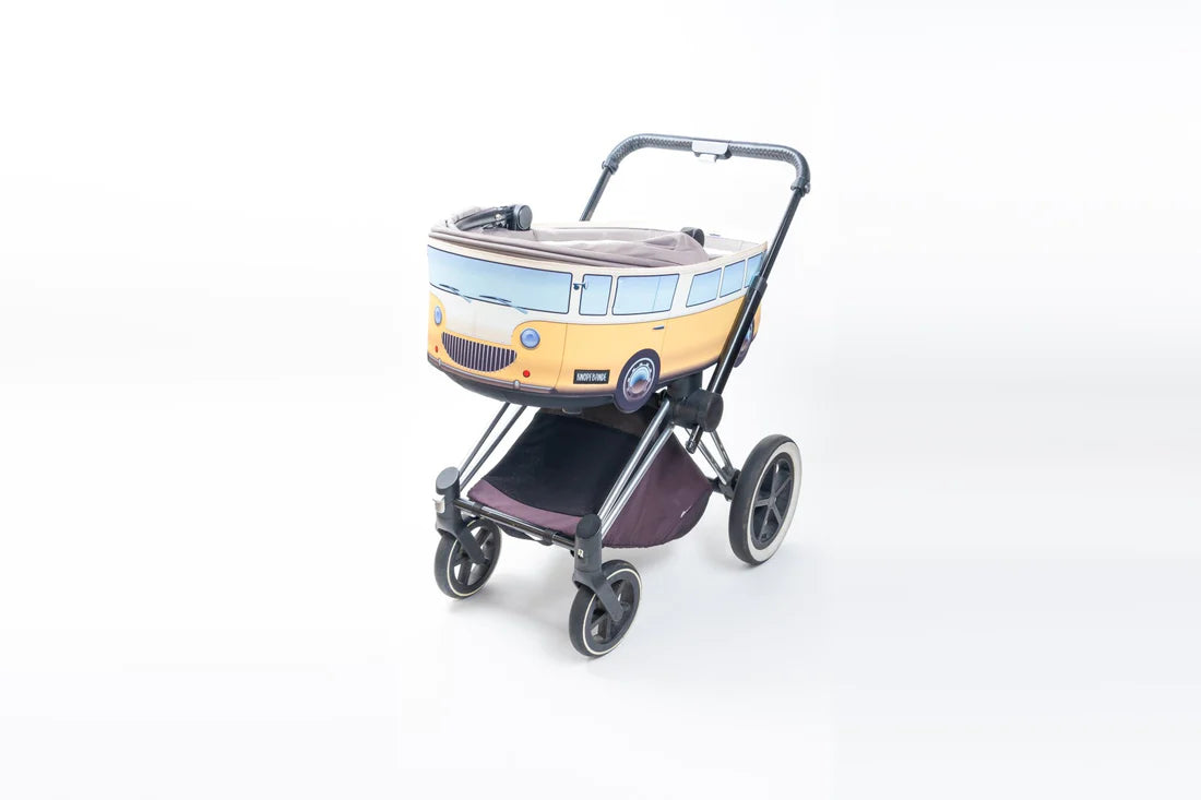 Knopfbande Kinderwagenhülle &quot;Vintage Bus&quot; gelb - Porto frei + Pyjama gratis dazu