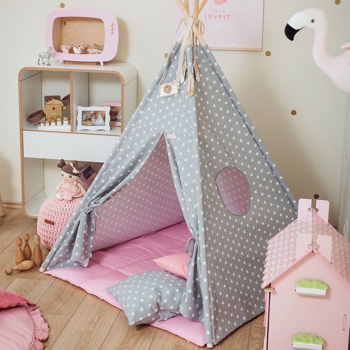 Wigiwama Spielzelt Set Tipi Sternchen grau-rosa