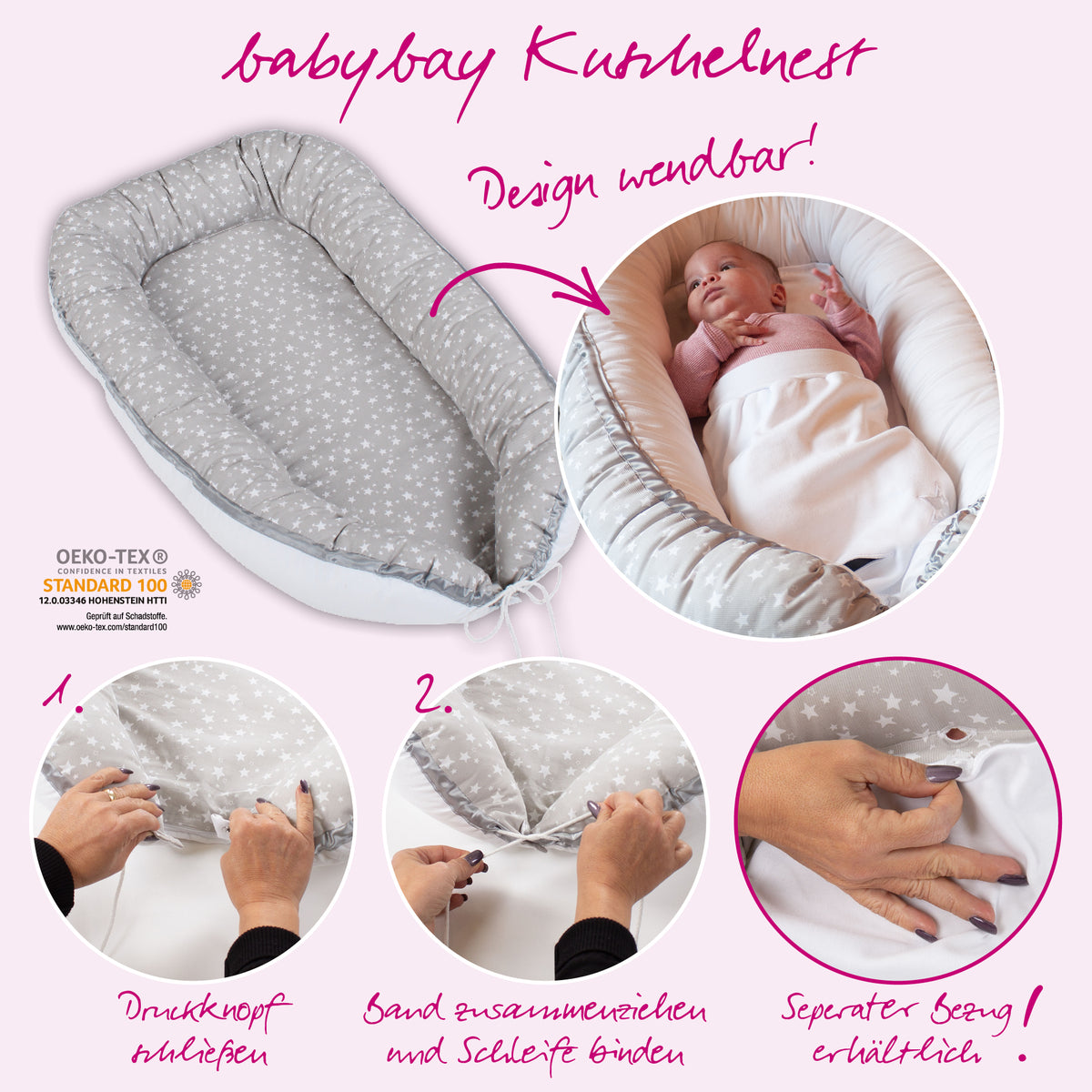 babybay Kuschelnest perlgrau Sterne weiss