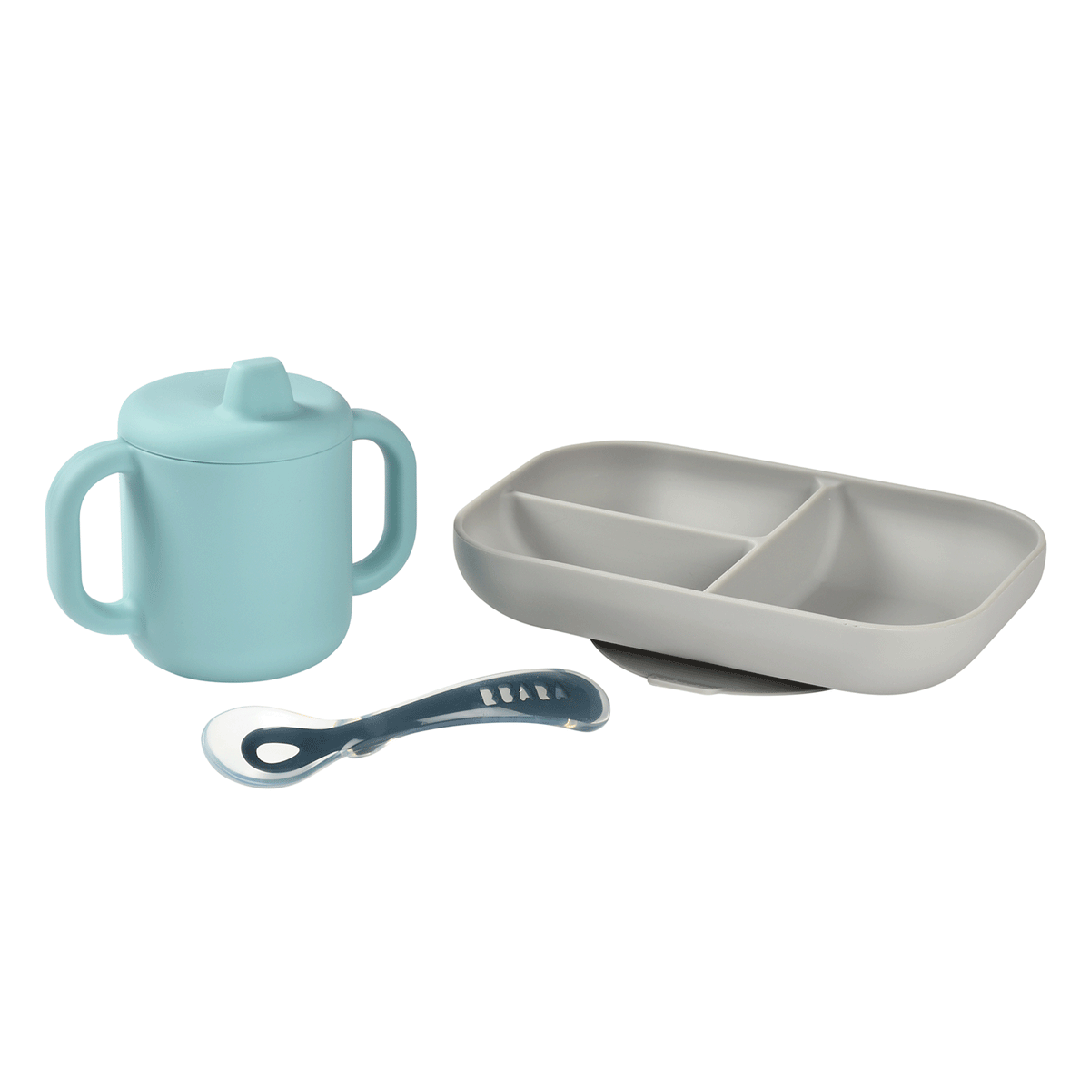 Beaba Lernmahlzeit-Set aus Silikon und Tasse blau