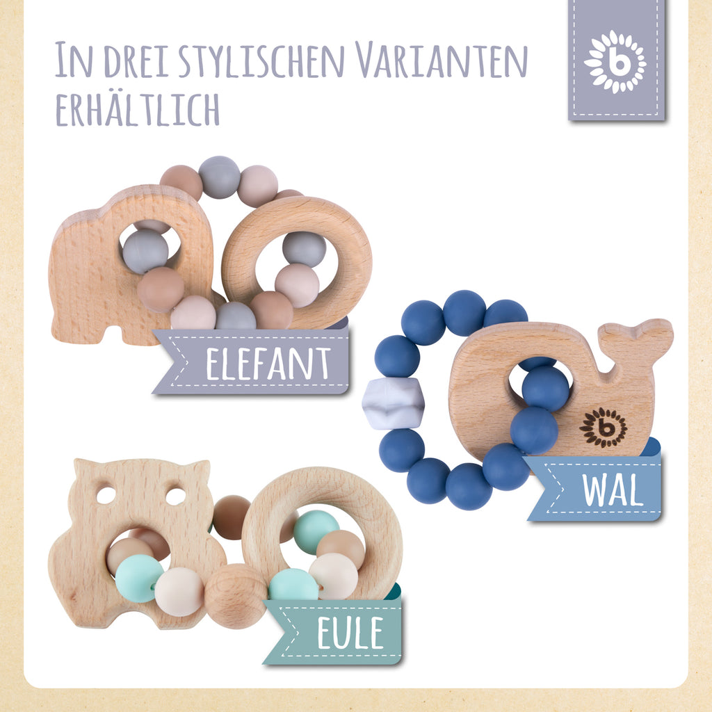 Bieco Holz-Beissring Wal mit Silikonkette - Blau