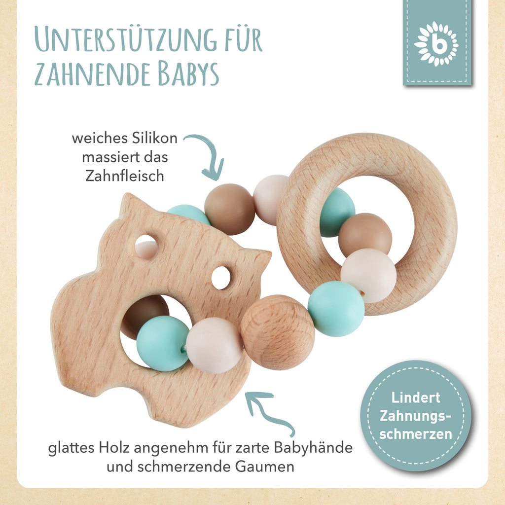 Bieco Holz-Beissring Eule mit Silikonkette