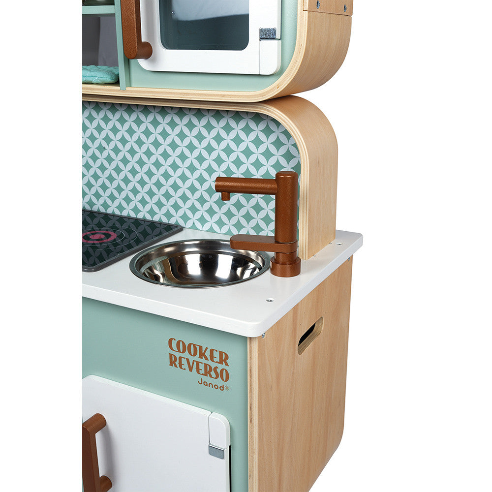 Janod Küche Reverso grosses Model mit viel Zubehör beidseitig Bespielbar, aus Holz