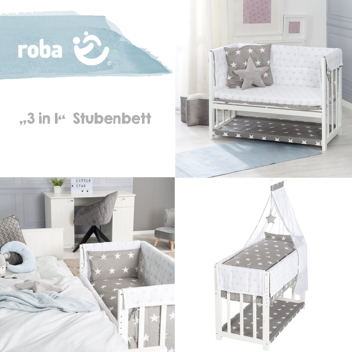 Roba Stuben- &amp; Beistellbett 3 in 1 Little Stars inkl. kompletten Bettzubehör