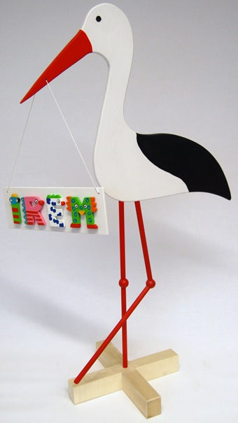 Storch aus Holz klein mit Namensschild