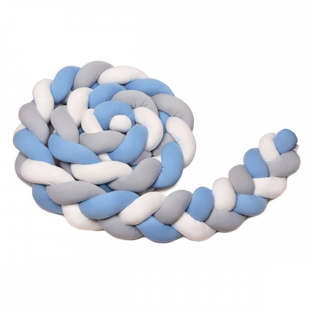 T-TOMI geflochtene Bettschlange 360 cm weiss + grau + blau